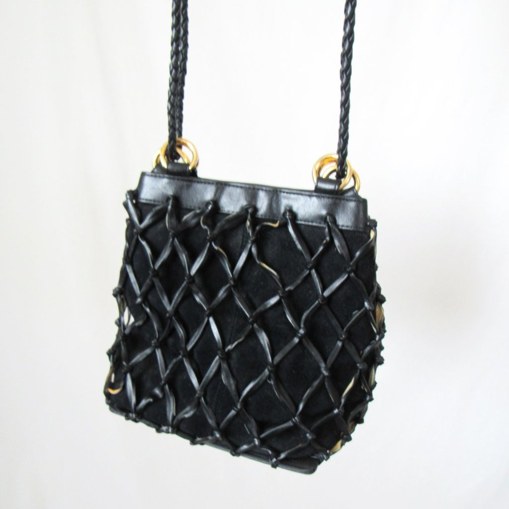 VINTAGE Tiannl Italian Black Suede Leather Purse Shoulder Bag Classic Gold - Picture 4 of 10